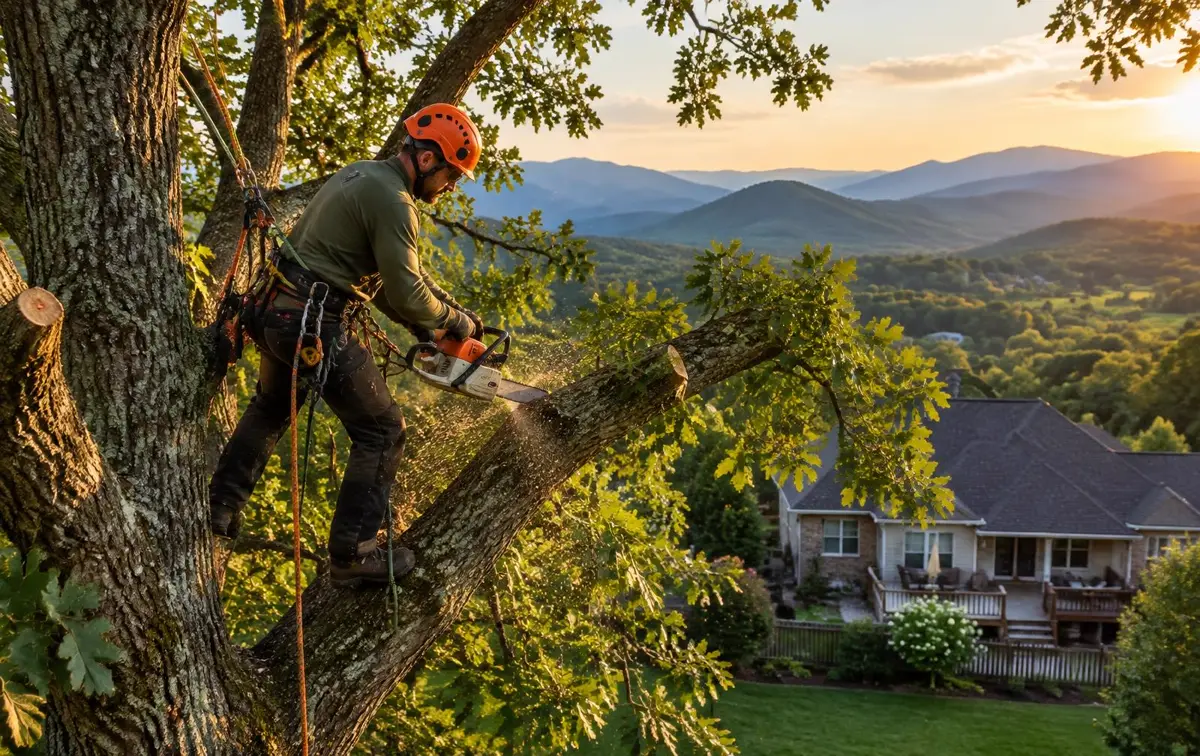 Arborist pruning a large oak above a Knoxville home with the Smoky Mountains behind